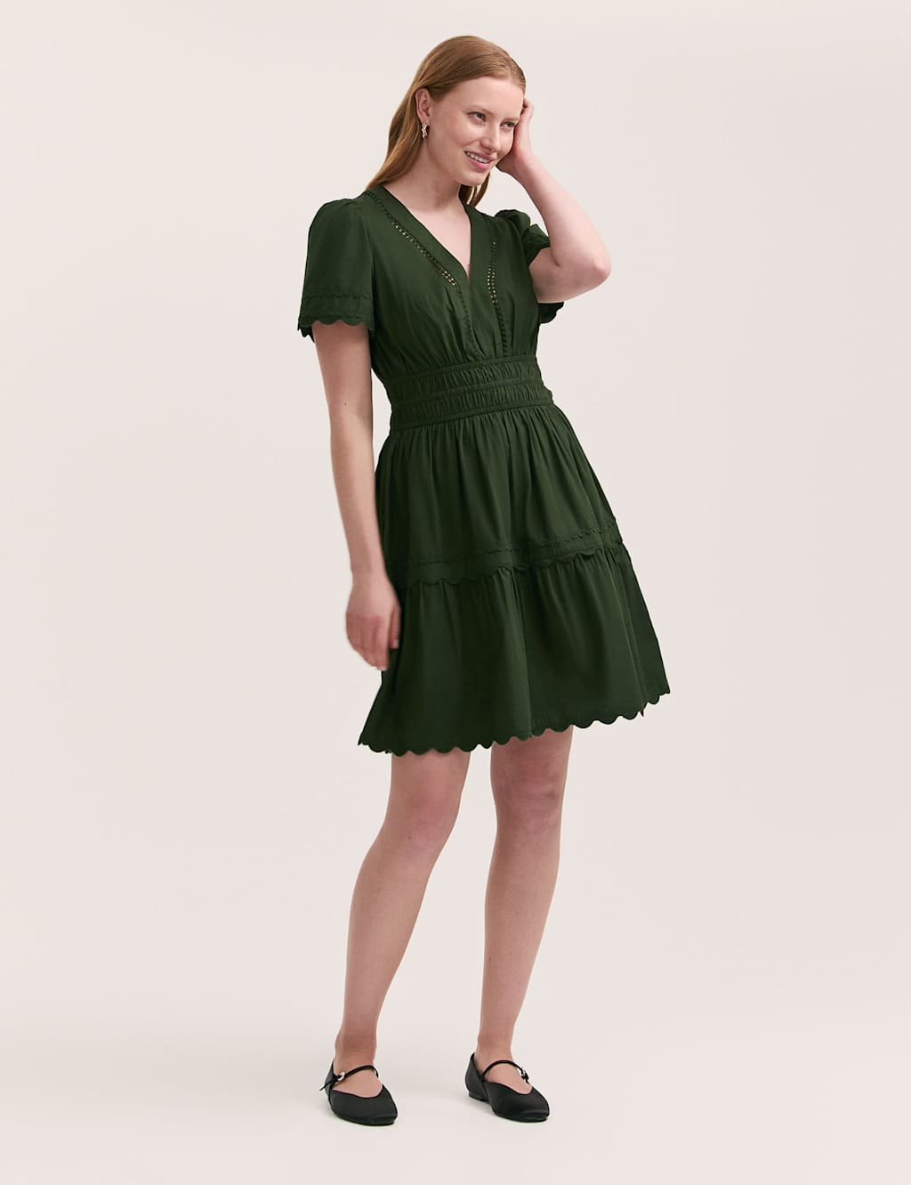 Pure Cotton V-Neck Knee Length Tiered Dress