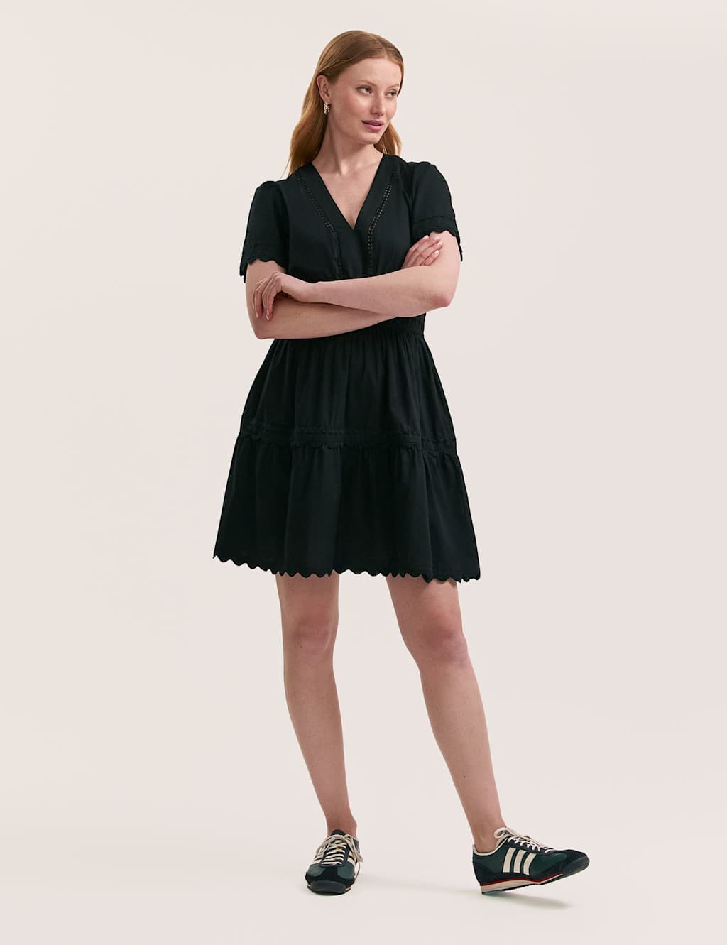 Pure Cotton V-Neck Knee Length Tiered Dress