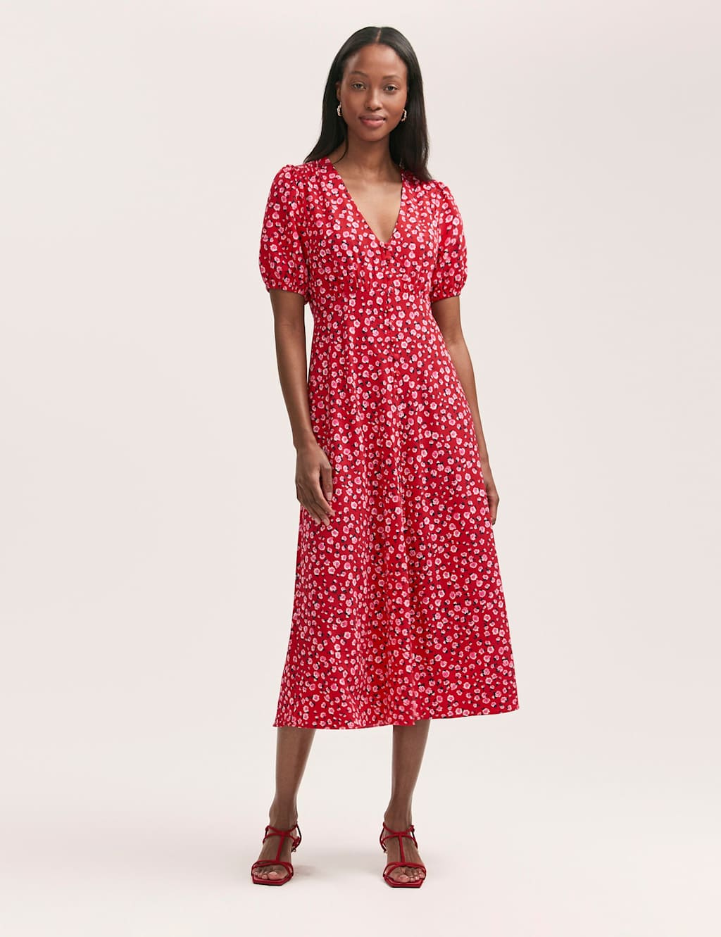 Crepe V-Neck Button Through Midi Tea Dress