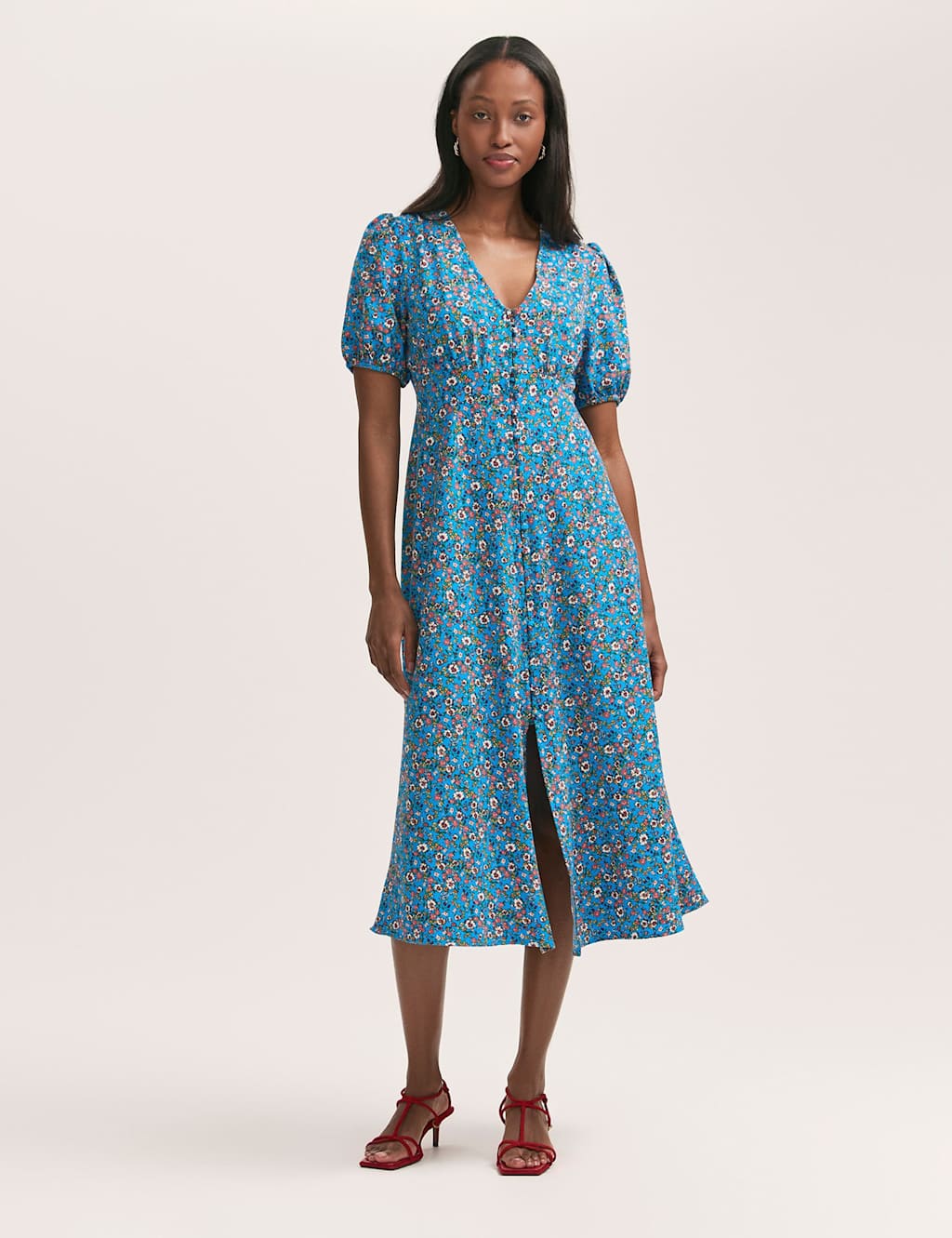 Crepe V-Neck Button Through Midi Tea Dress
