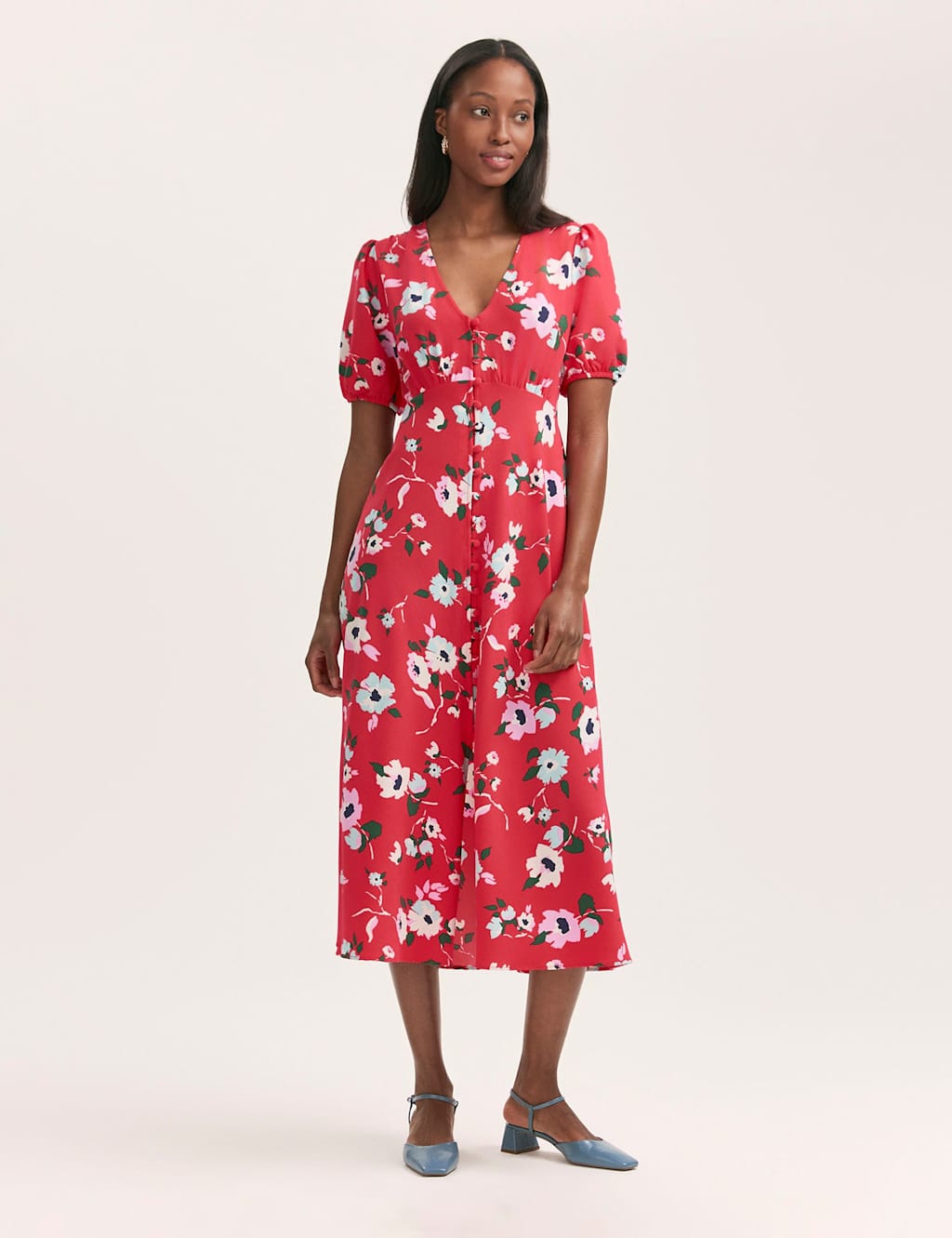 Crepe V-Neck Button Through Midi Tea Dress