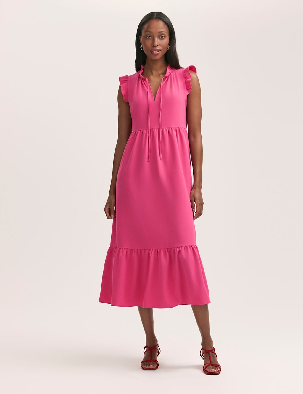 Tie Neck Ruffle Midi Tiered Dress