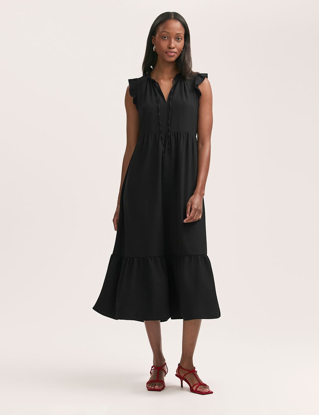Tie Neck Ruffle Midi Tiered Dress