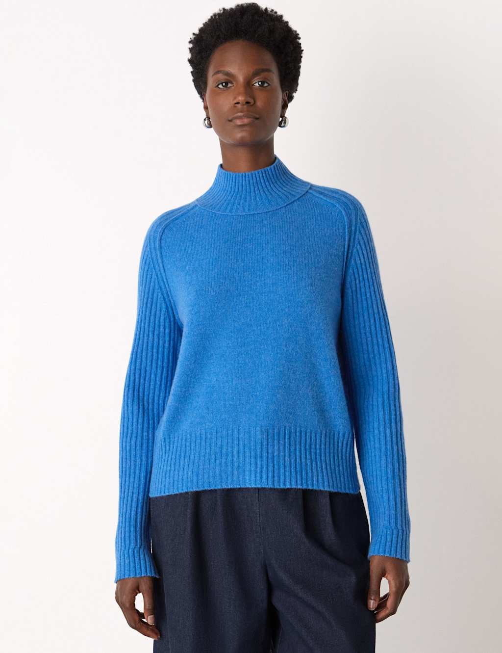 Whistles Pure Wool Funnel Neck Jumper Blue