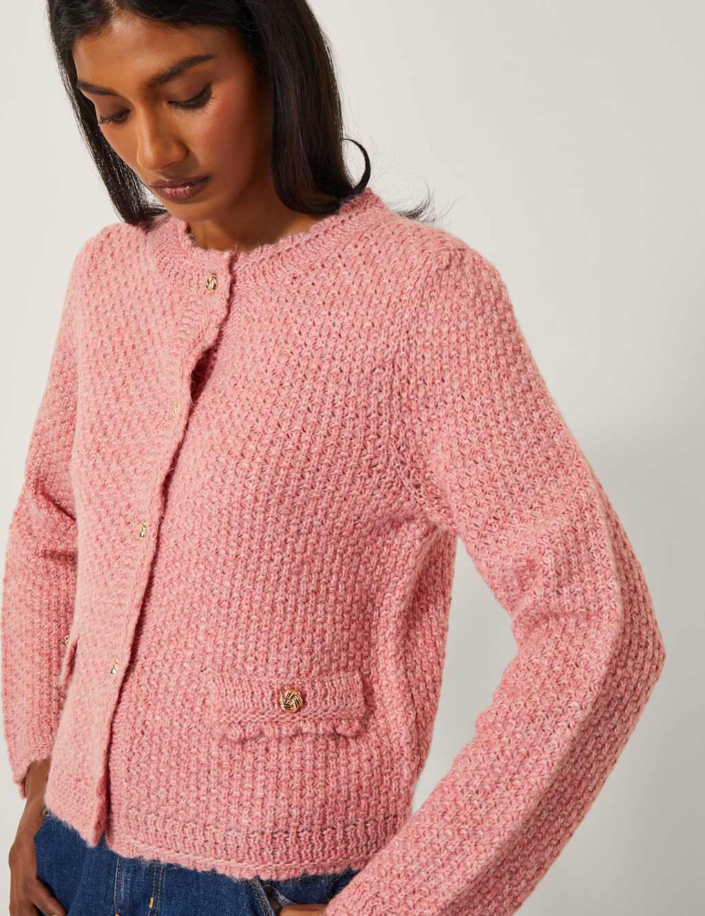 Monsoon Textured Stitch Button Front Cardigan Pink
