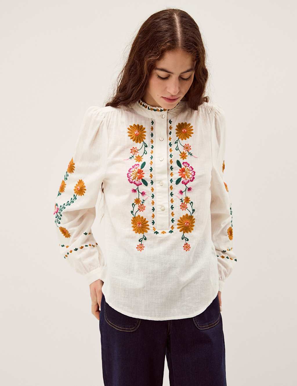 Monsoon Women's Pure Cotton Embroidered High Neck Top - 14 - White - Available at M&S