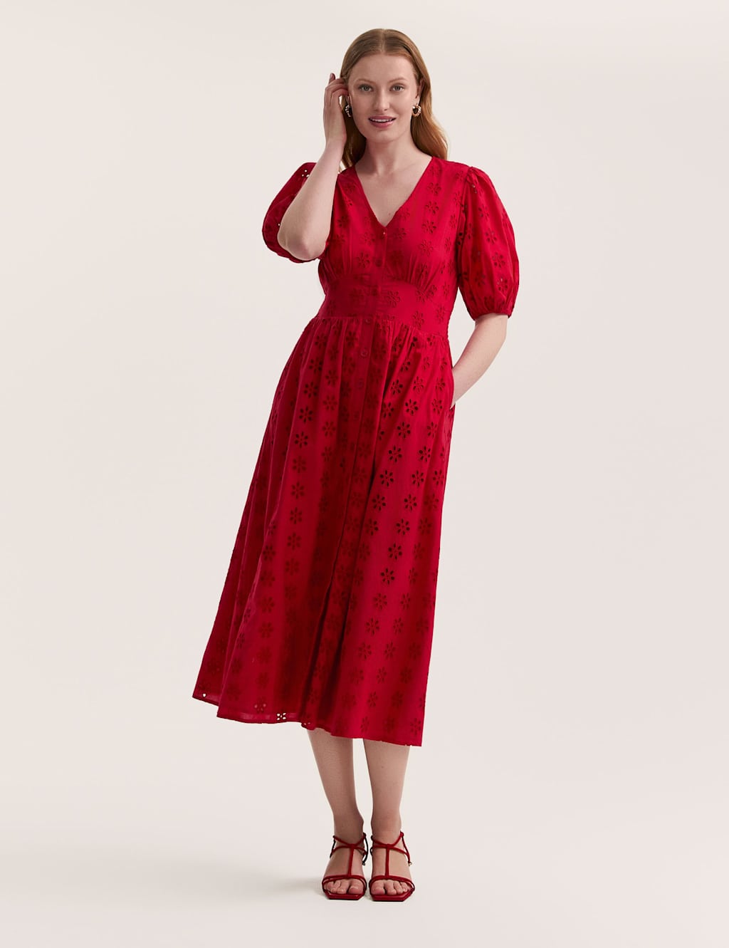 Pure Cotton Broderie V-Neck Midi Dress