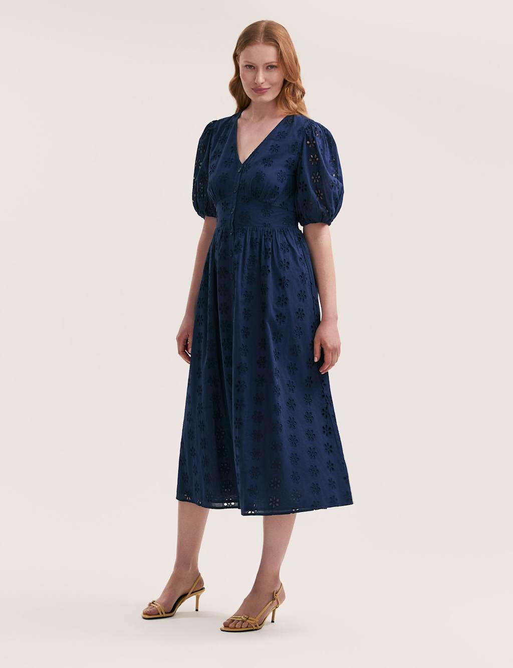 Pure Cotton Broderie V-Neck Midi Dress