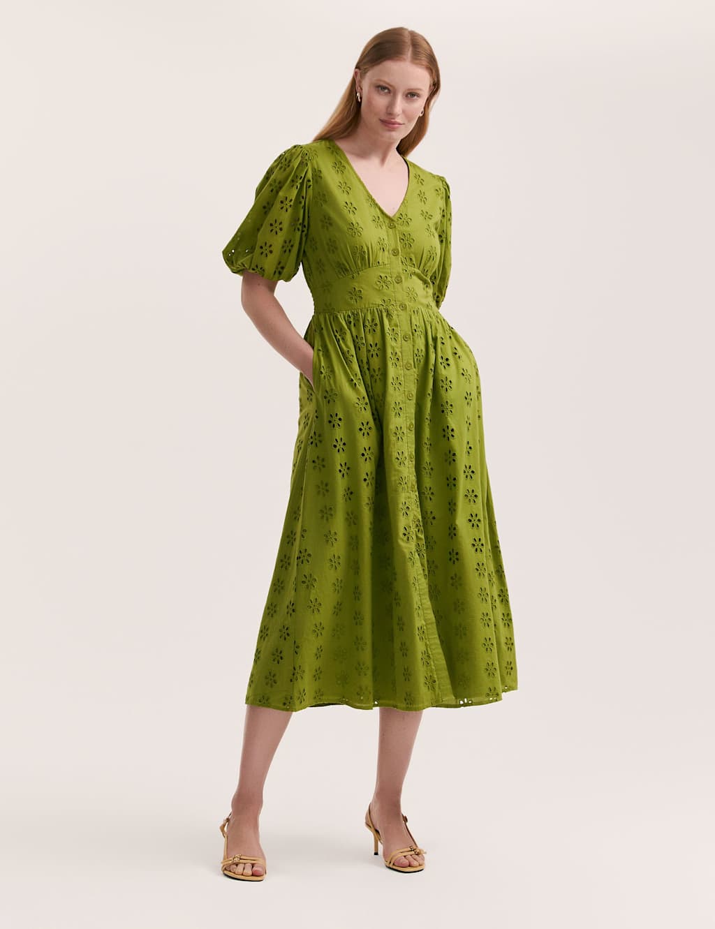Pure Cotton Broderie V-Neck Midi Dress