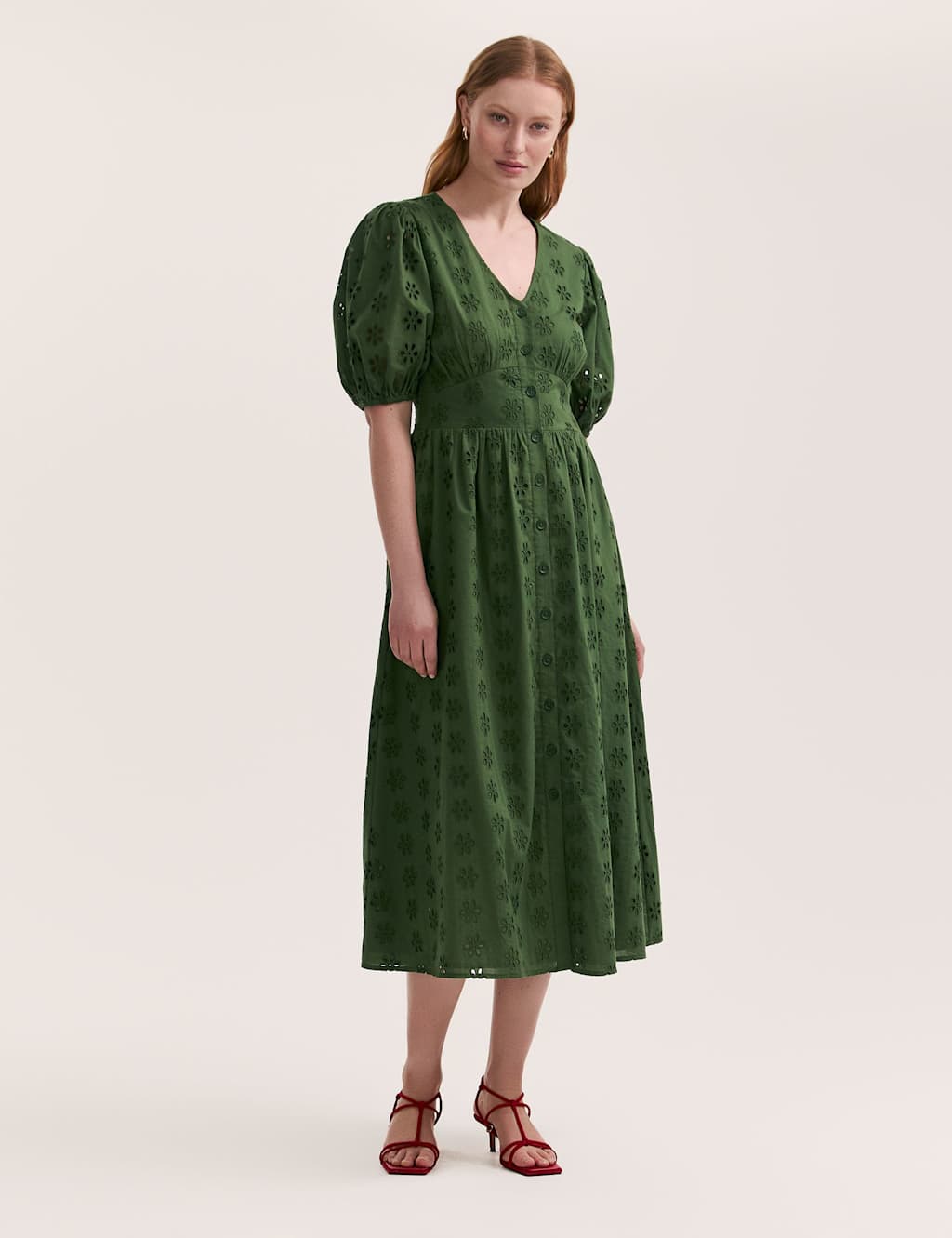 Pure Cotton Broderie V-Neck Midi Dress