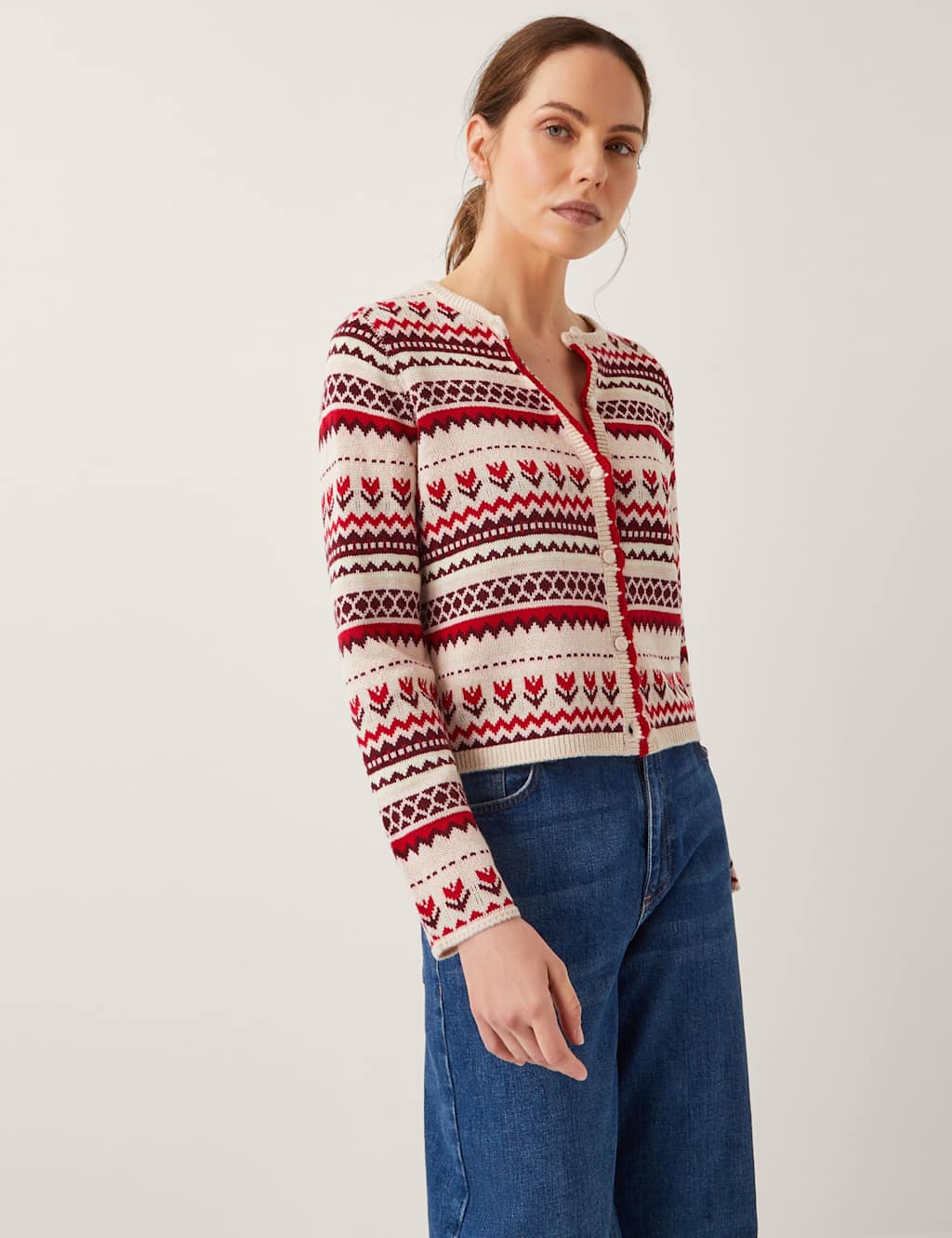 Monsoon Jacquard Fair Isle Cardigan with Wool Ivory