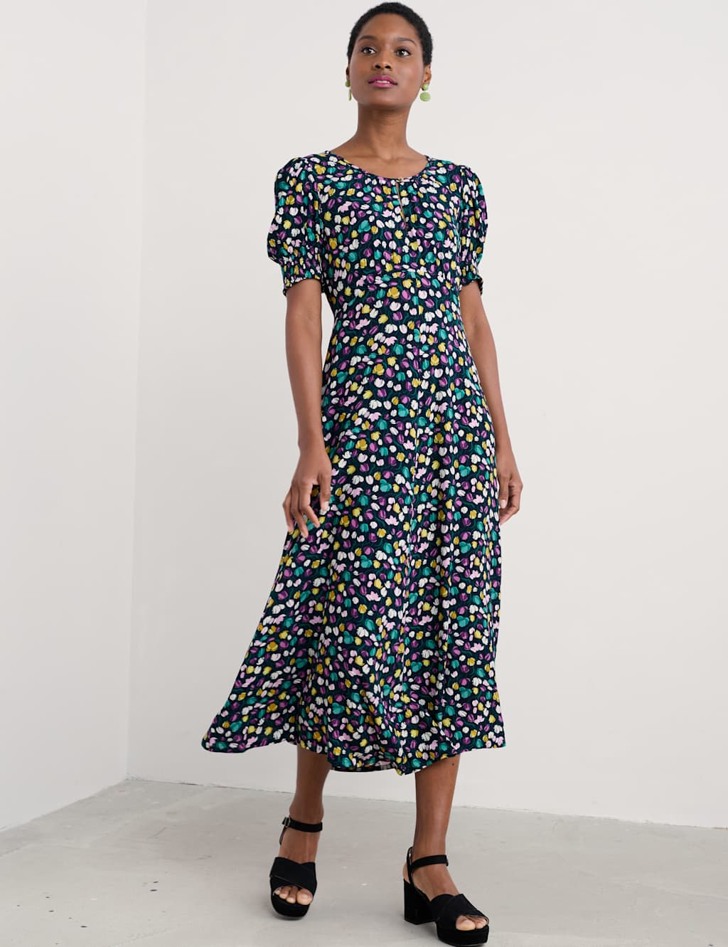 Floral Round Neck Keyhole Midi Waisted Dress
