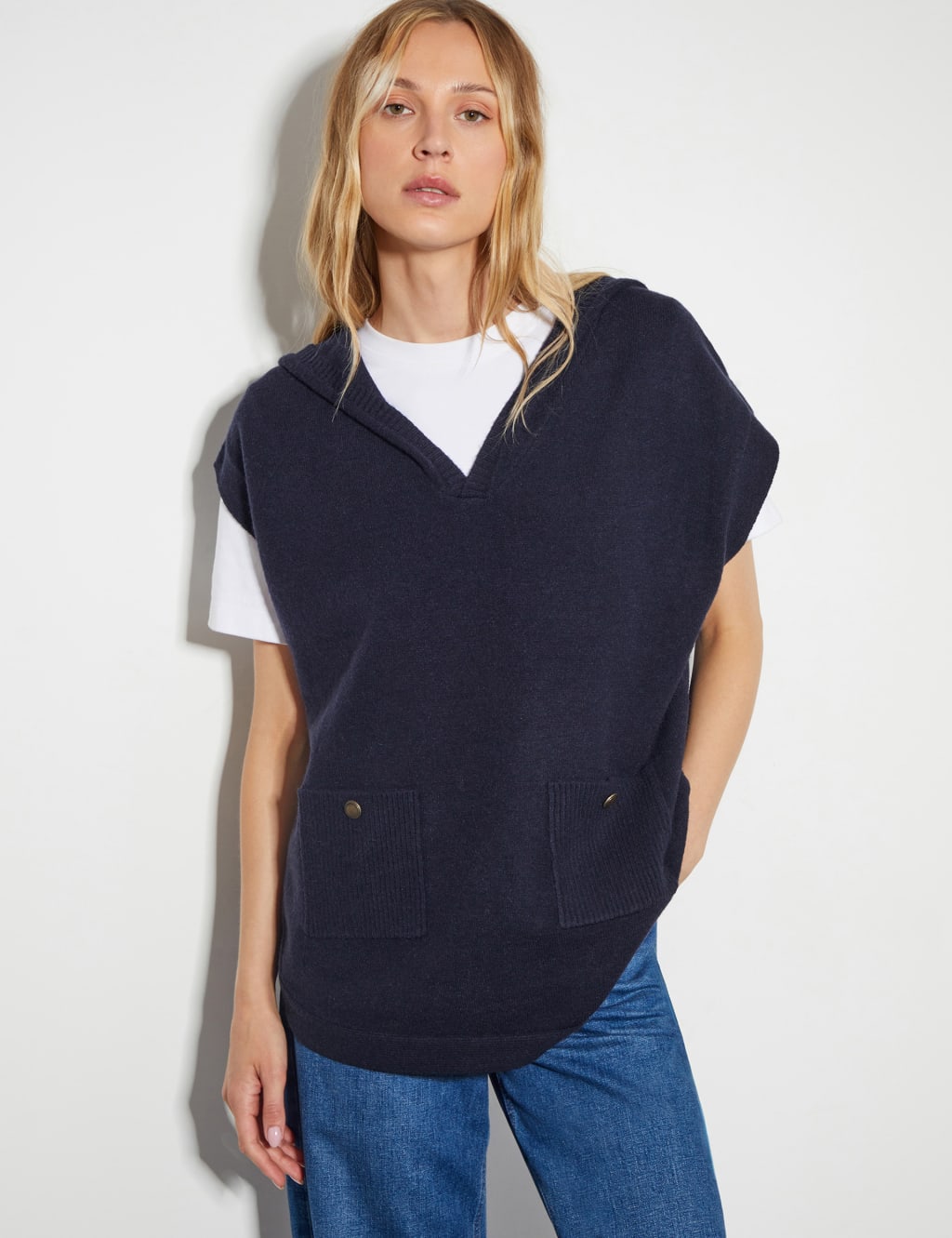 Monsoon Hooded V-Neck Sweater Vest Navy