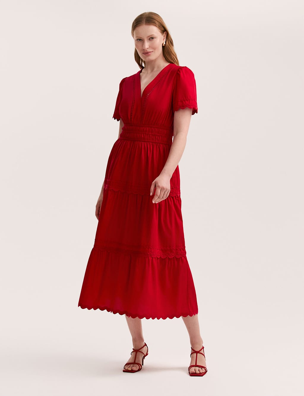 Pure Cotton V-Neck Midi Tiered Dress
