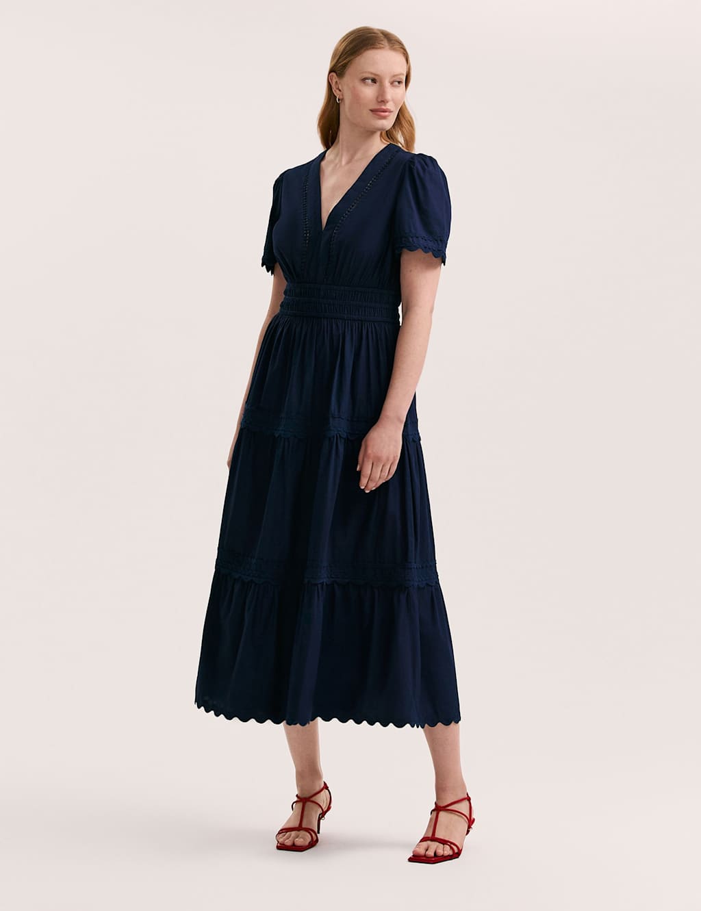 Pure Cotton V-Neck Midi Tiered Dress