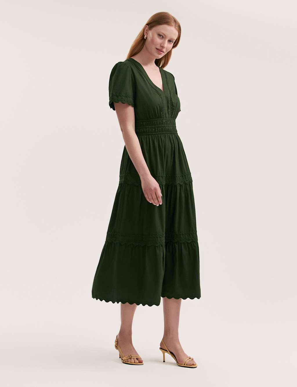 Pure Cotton V-Neck Midi Tiered Dress