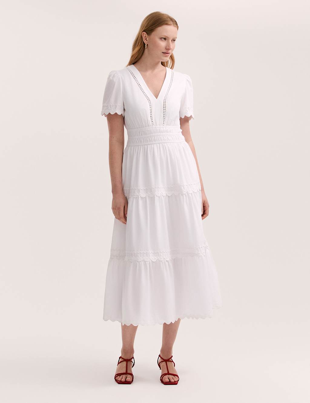 Pure Cotton V-Neck Midi Tiered Dress