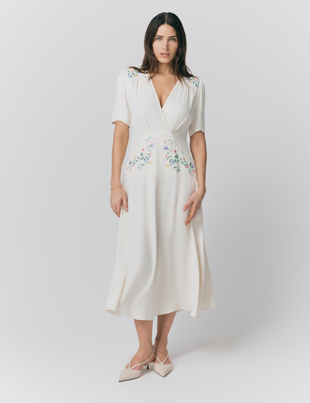 Crepe Embroidered V-Neck Midi Tea Dress
