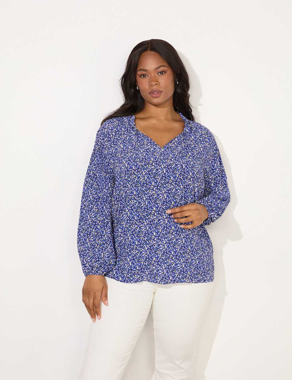 Ditsy Floral V-Neck Shirred Detail Blouse