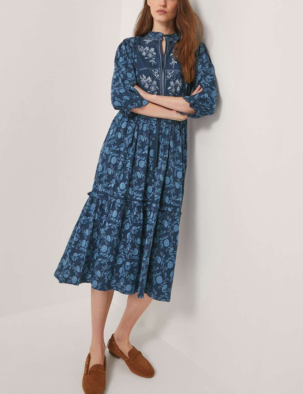 Monsoon Cotton Rich Floral Midi Tiered Dress Blue Mix