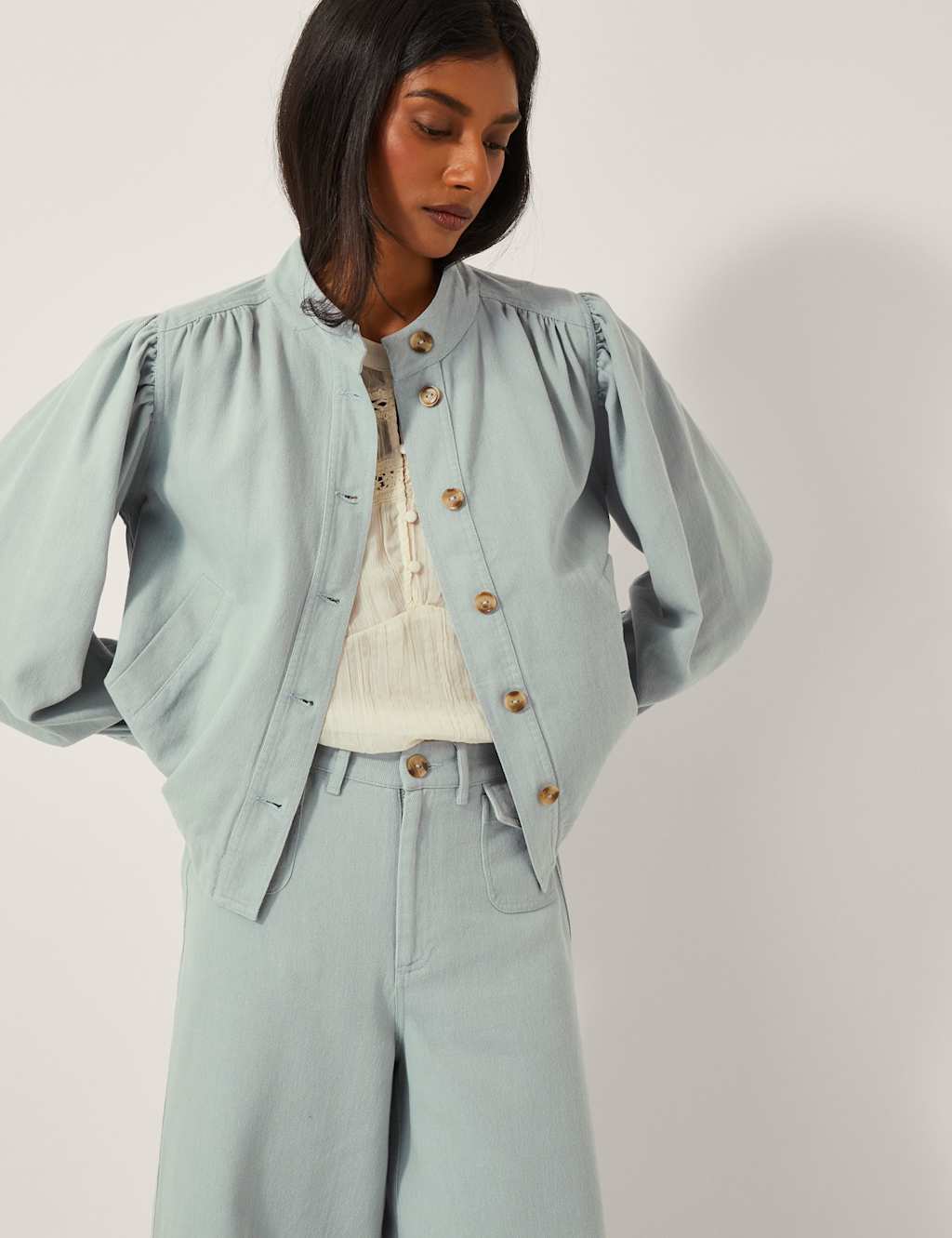 Monsoon Pure Cotton Denim Puff Sleeve Jacket Pale Blue