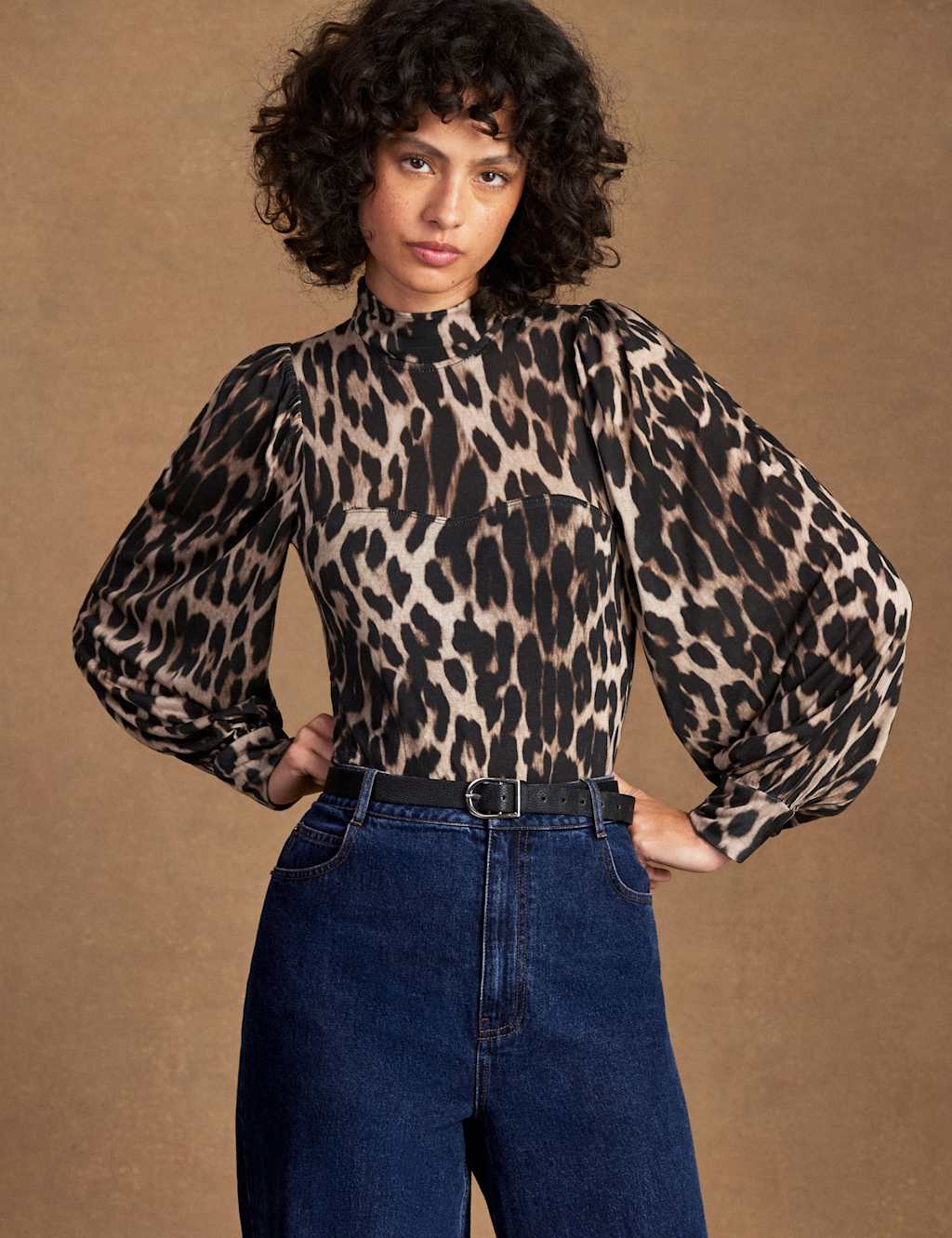 RO&ZO Leopard Print Puff Sleeve Bodysuit Brown Mix