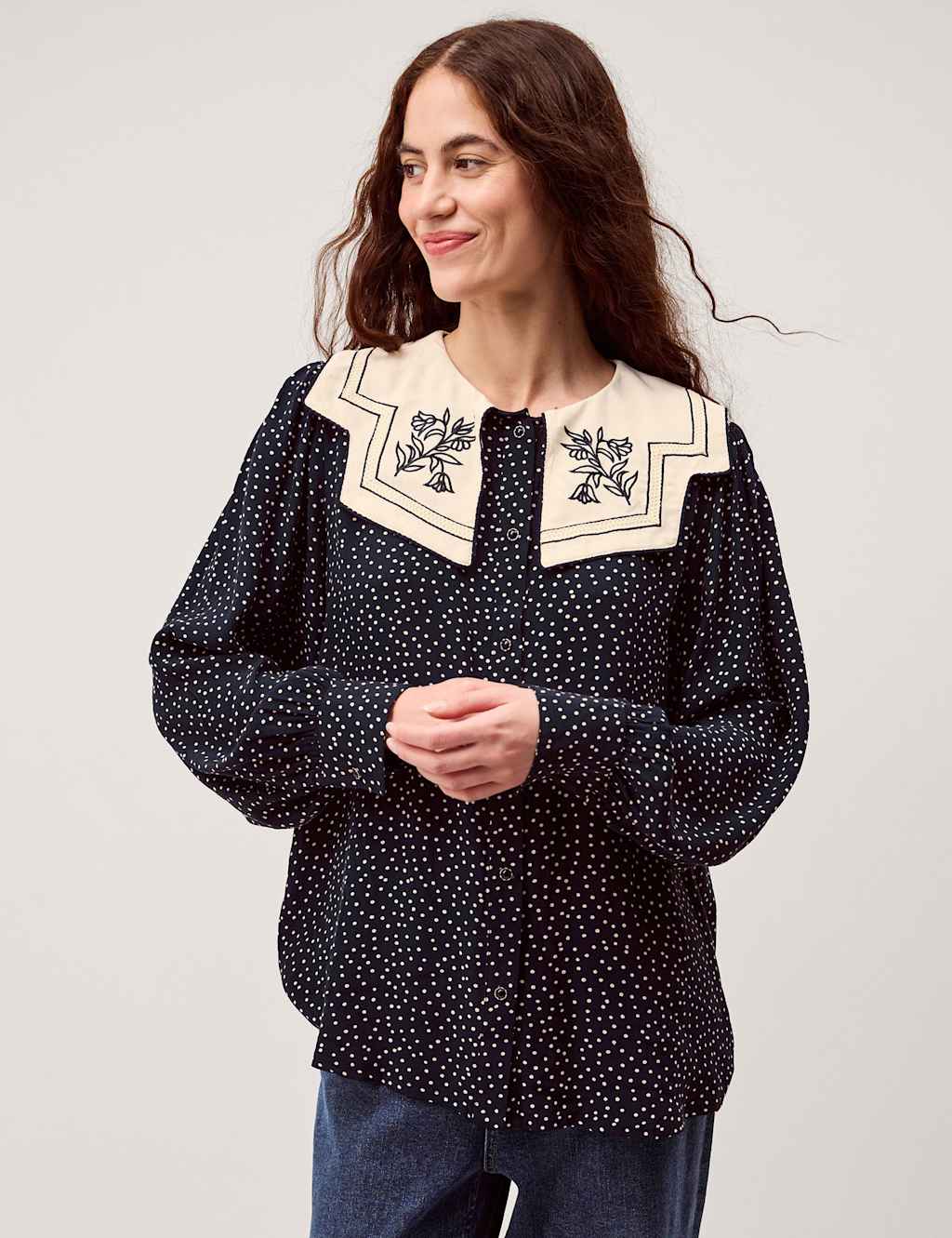 Monsoon Women's Polka Dot Collared Top - Extra Large - Navy Mix - Available at M&S