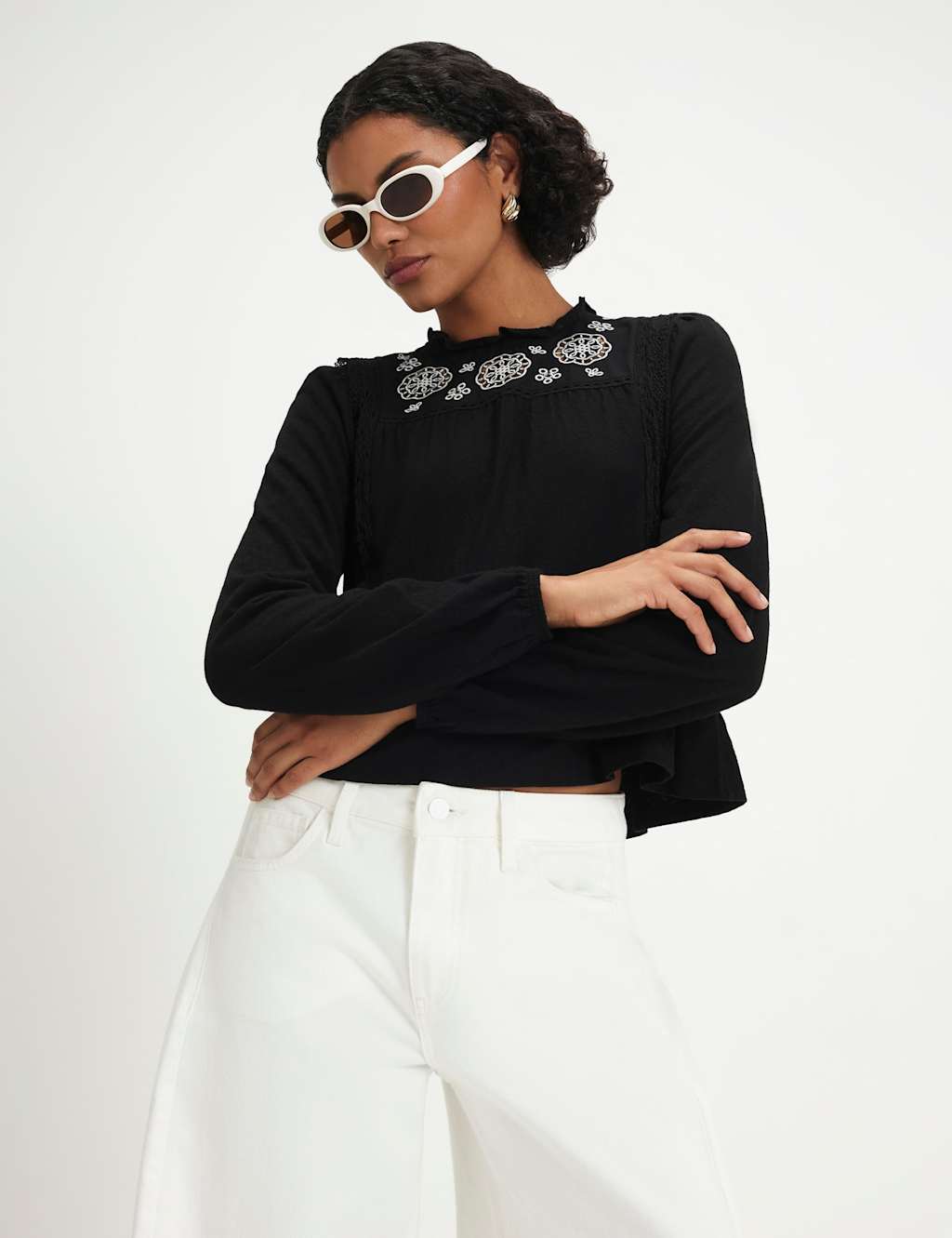 River Island Women's Jersey Floral Broderie High Neck Blouse - Medium - Black Mix - Available at M&S