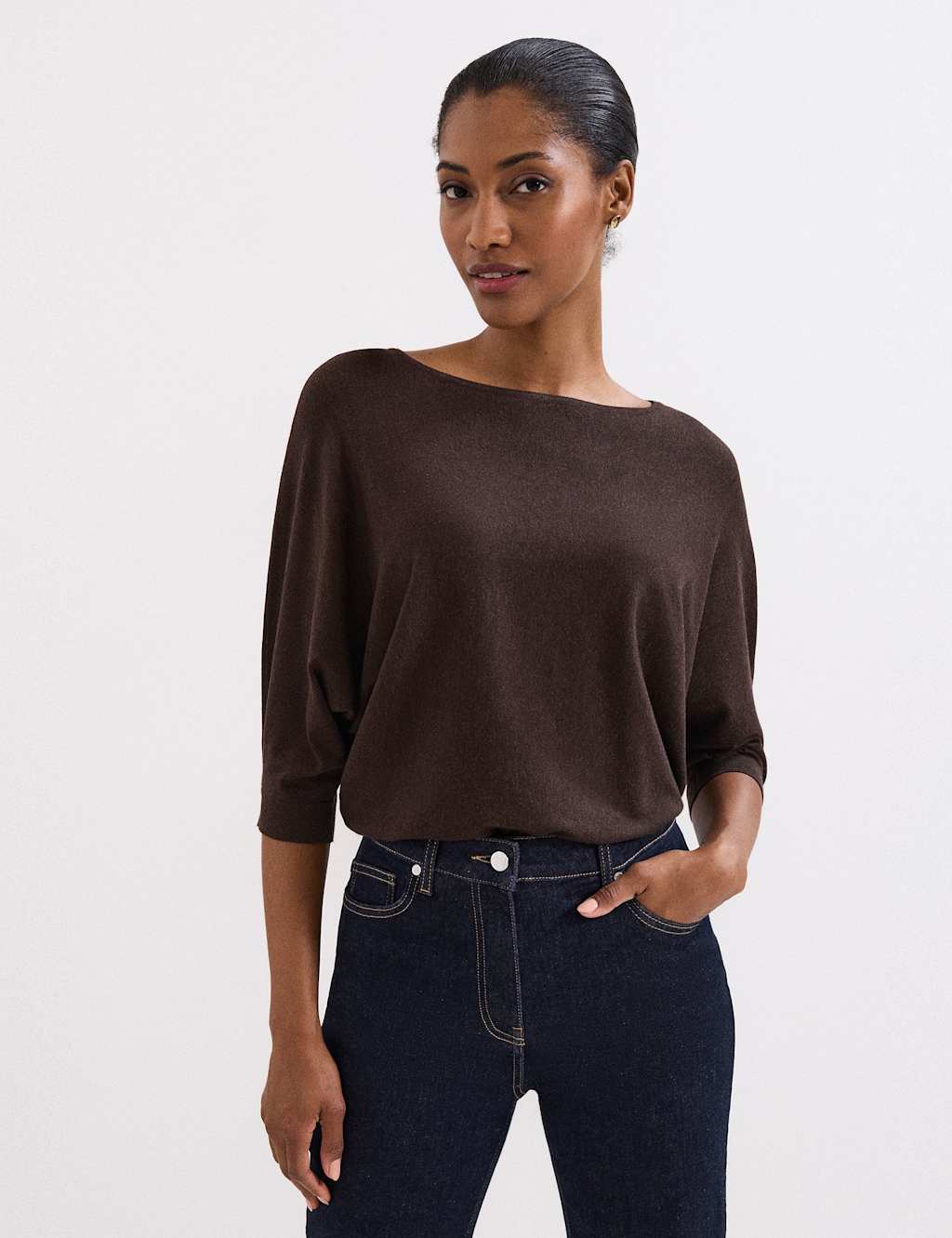 Phase Eight Slash Neck Batwing Sleeve Knitted Top Brown