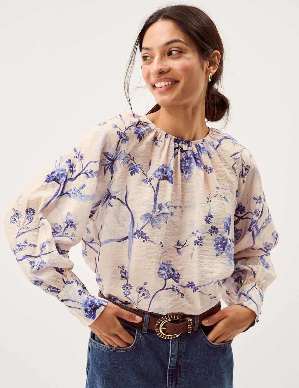 Monsoon Women's Floral Crew Neck Blouse - Medium - Blush - Available at M&S