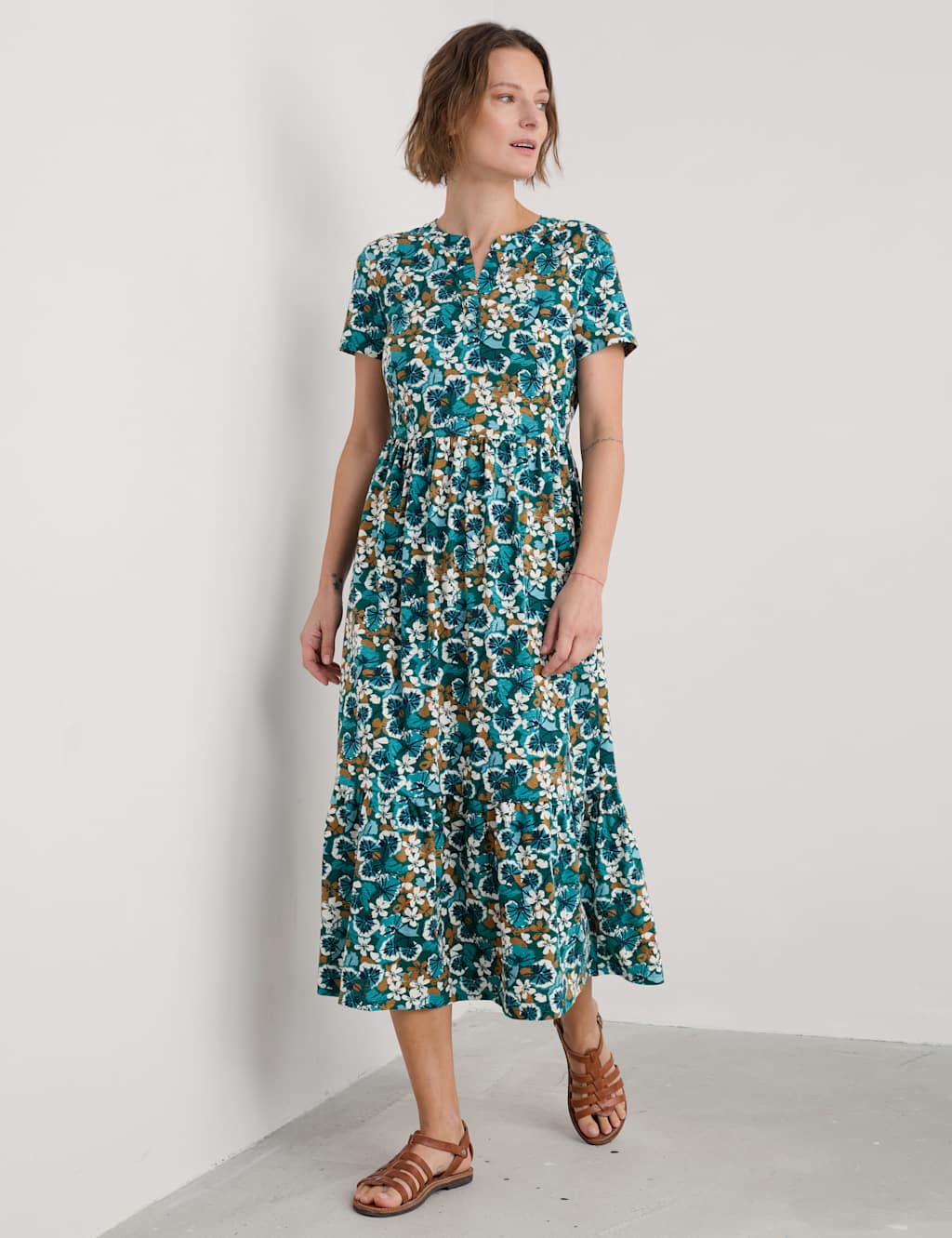 Pure Cotton Floral V-Neck Midaxi Tiered Dress