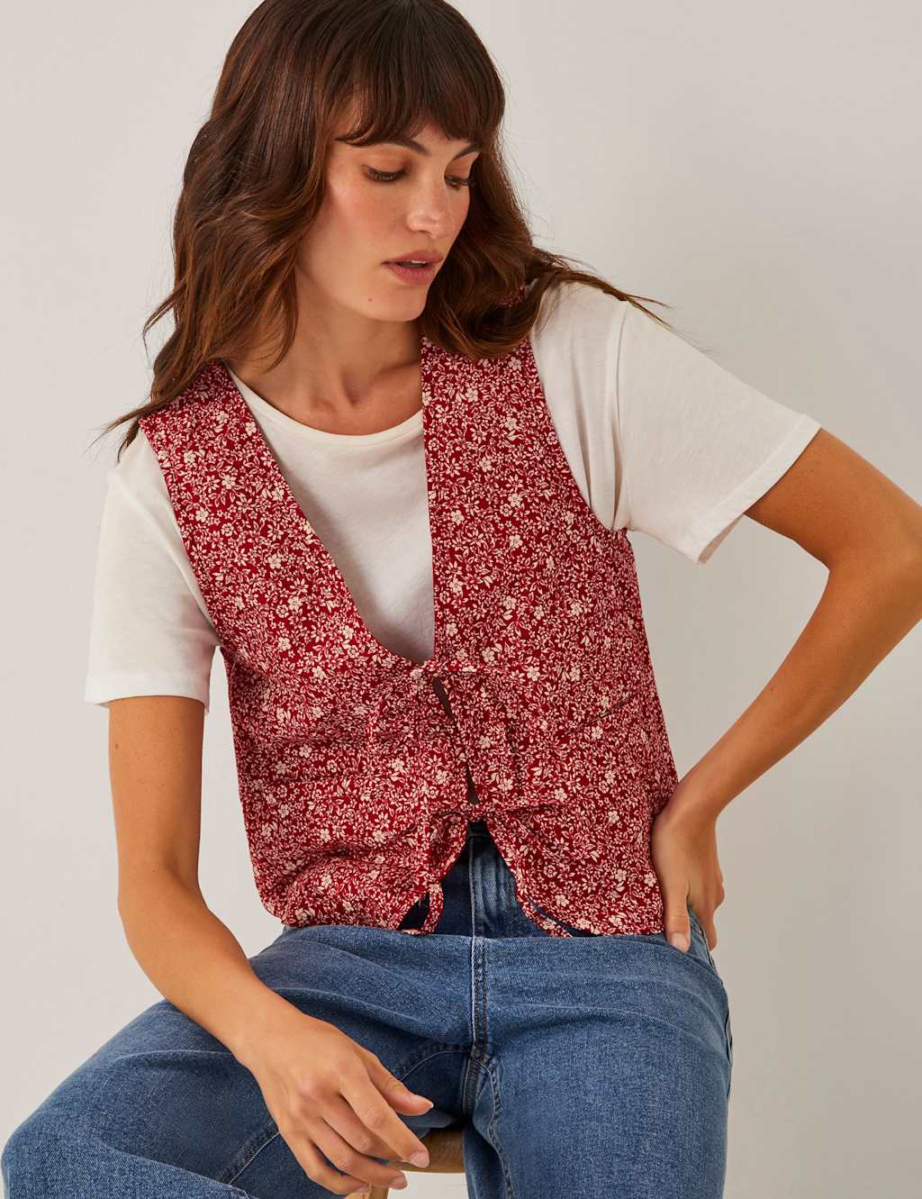 Monsoon Pure Cotton Floral Tie Front Gilet Red