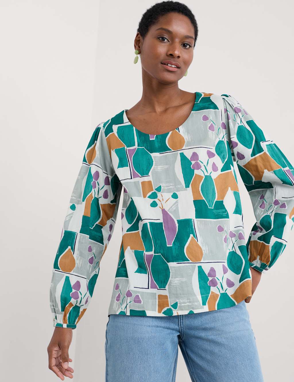 Pure Cotton Printed Scoop Neck Blouse