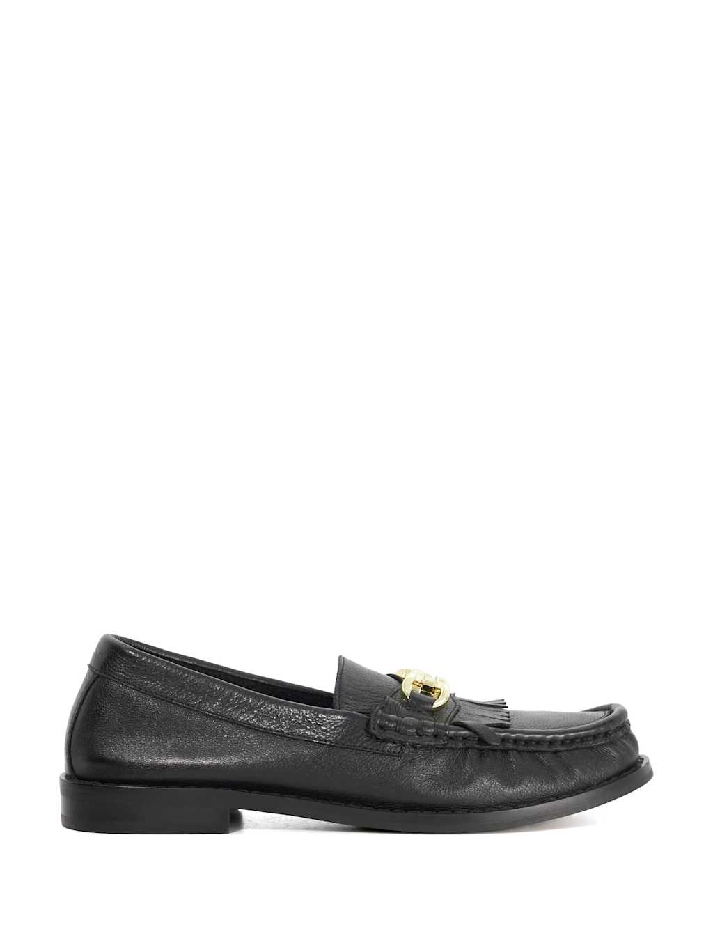 Dune London Leather Chain Detail Fringed Flat Loafers Black