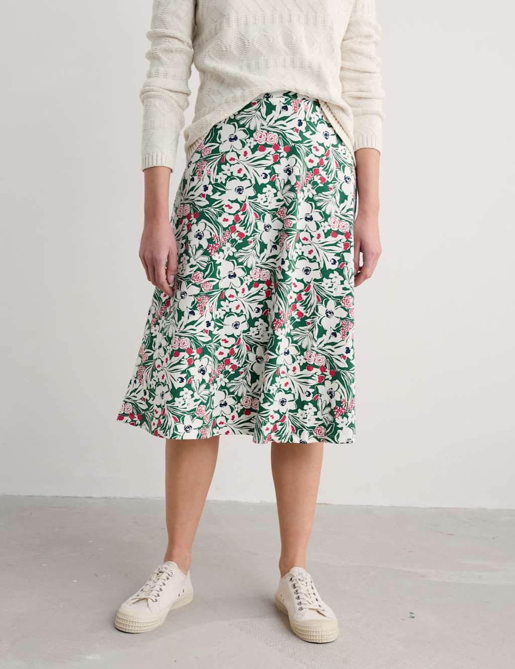 Cotton Rich Floral Midi A-Line Skirt