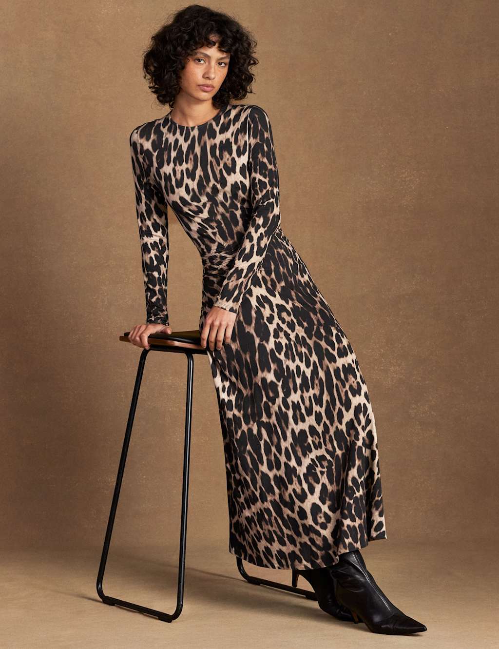 RO&ZO Animal Print Round Neck Midaxi Waisted Dress Brown Mix