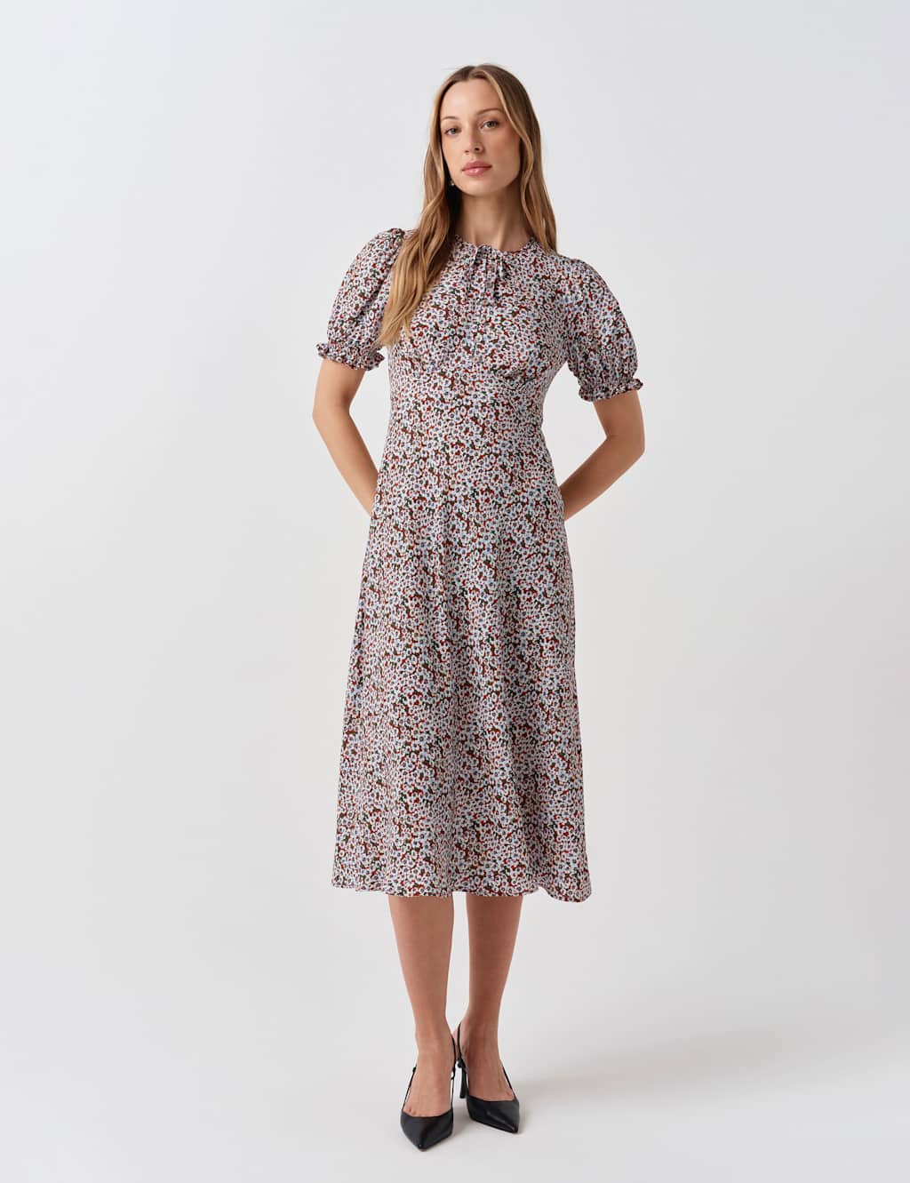 Ghost Women's Floral Tie Neck Button Front Midi Tea Dress - 12 - Red Mix - Available at M&S