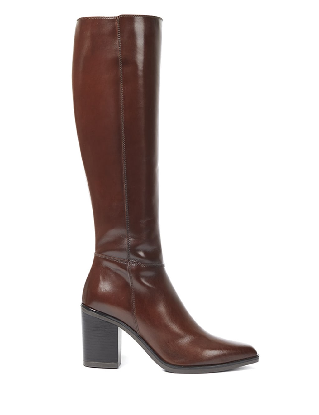 Leather Block Heel Pointed Knee High Boots