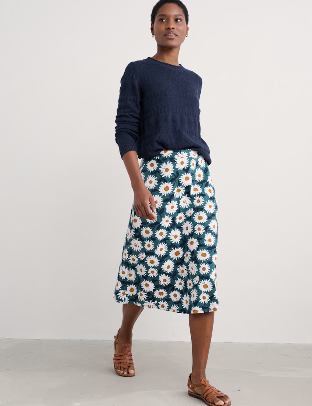 Cotton Rich Jersey Floral Midi A-Line Skirt
