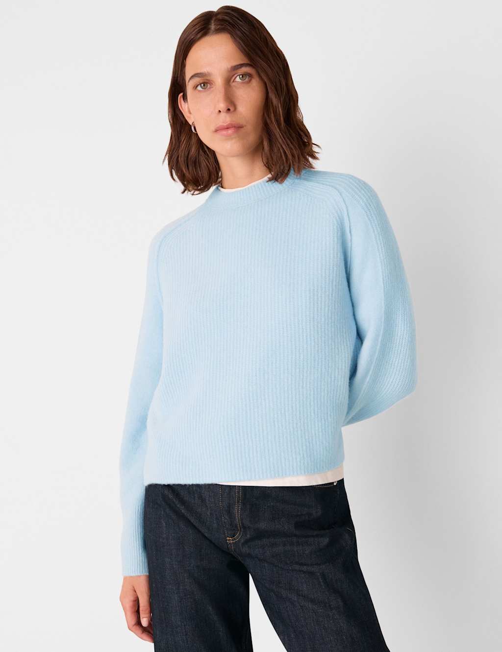 Whistles Wool Blend Textured Crew Neck Jumper Pale Blue