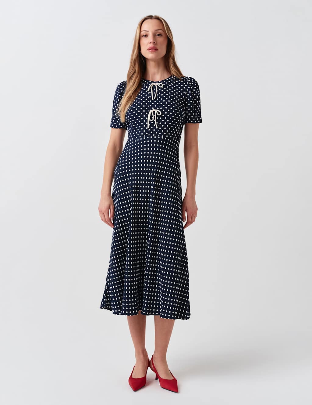 Ghost Women's Polka Dot Tie Detail Midi Tea Dress - 20 - Navy Mix - Available at M&S
