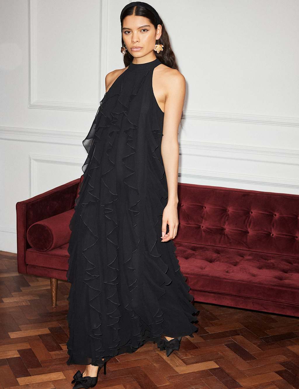 RO&ZO Chiffon High Neck Maxi Tiered Dress Black