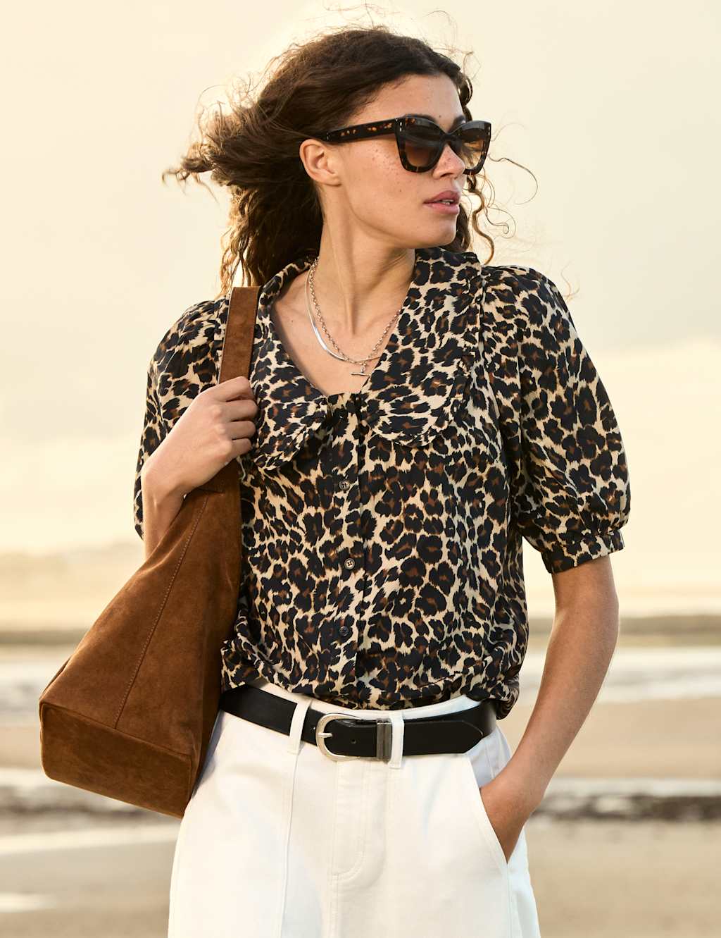 Pure Cotton Animal Print Collared Blouse