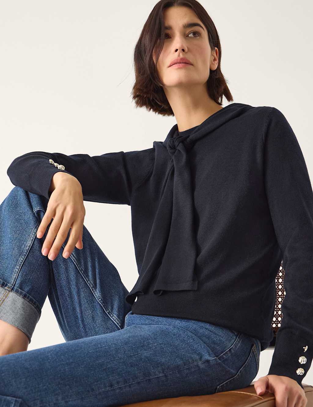 Monsoon Women's Tie Neck Button Detail Jumper - Small - Chocolate - Available at M&S