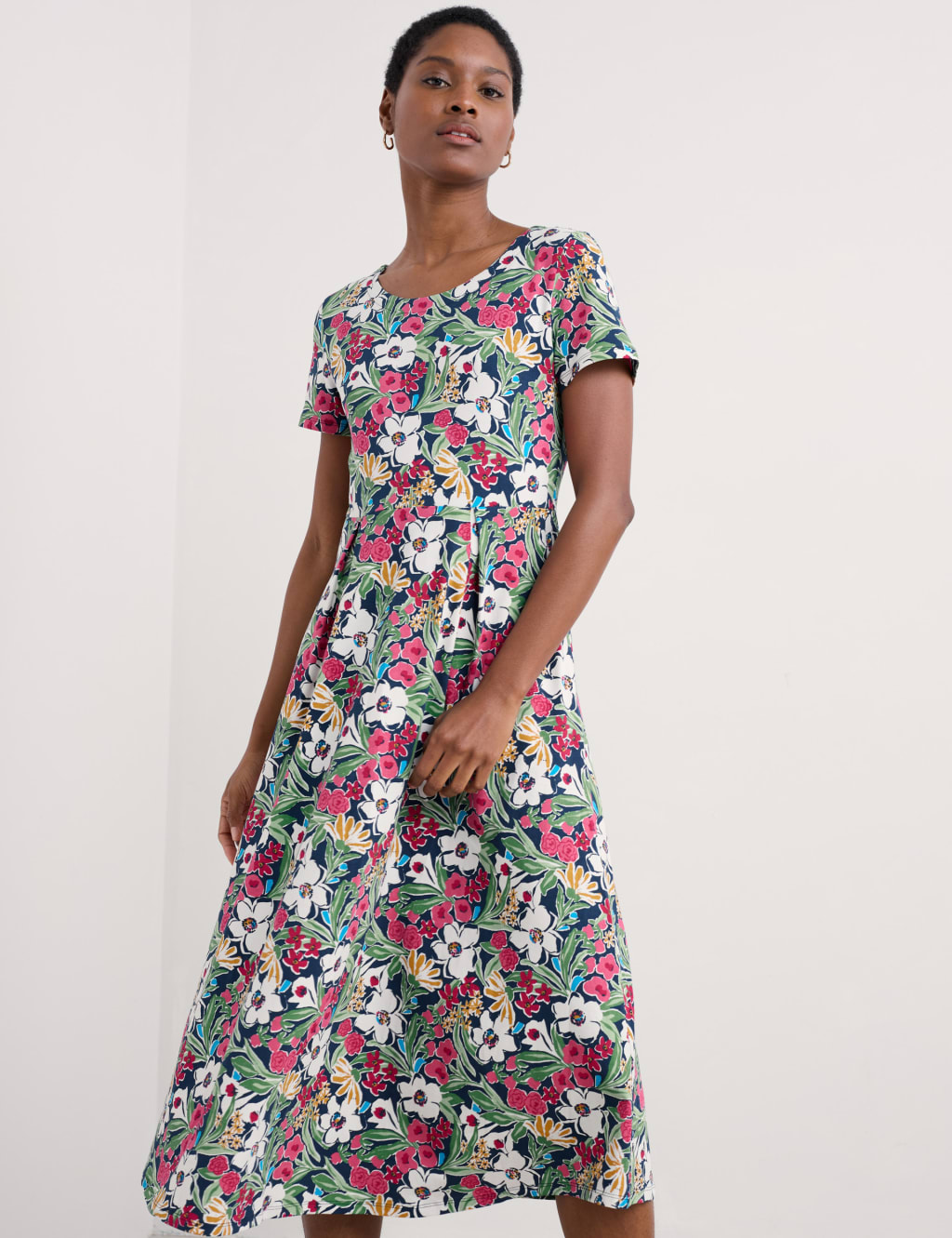 Cotton Rich Floral Midi Waisted Dress