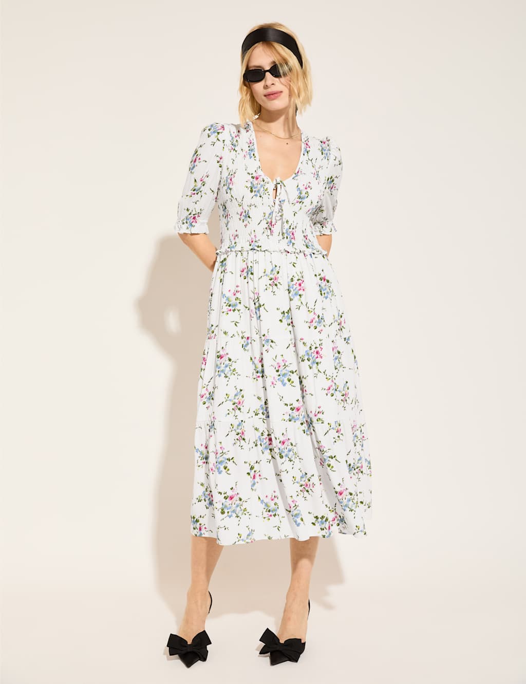 Floral Shirred Midi Smock Dress Bridal