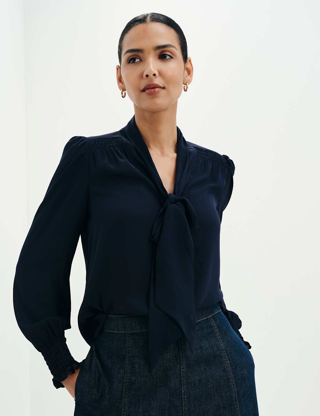 Finery London Women's Tie Neck Button Through Blouson Sleeve Blouse - 12 - Navy - Available at M&S