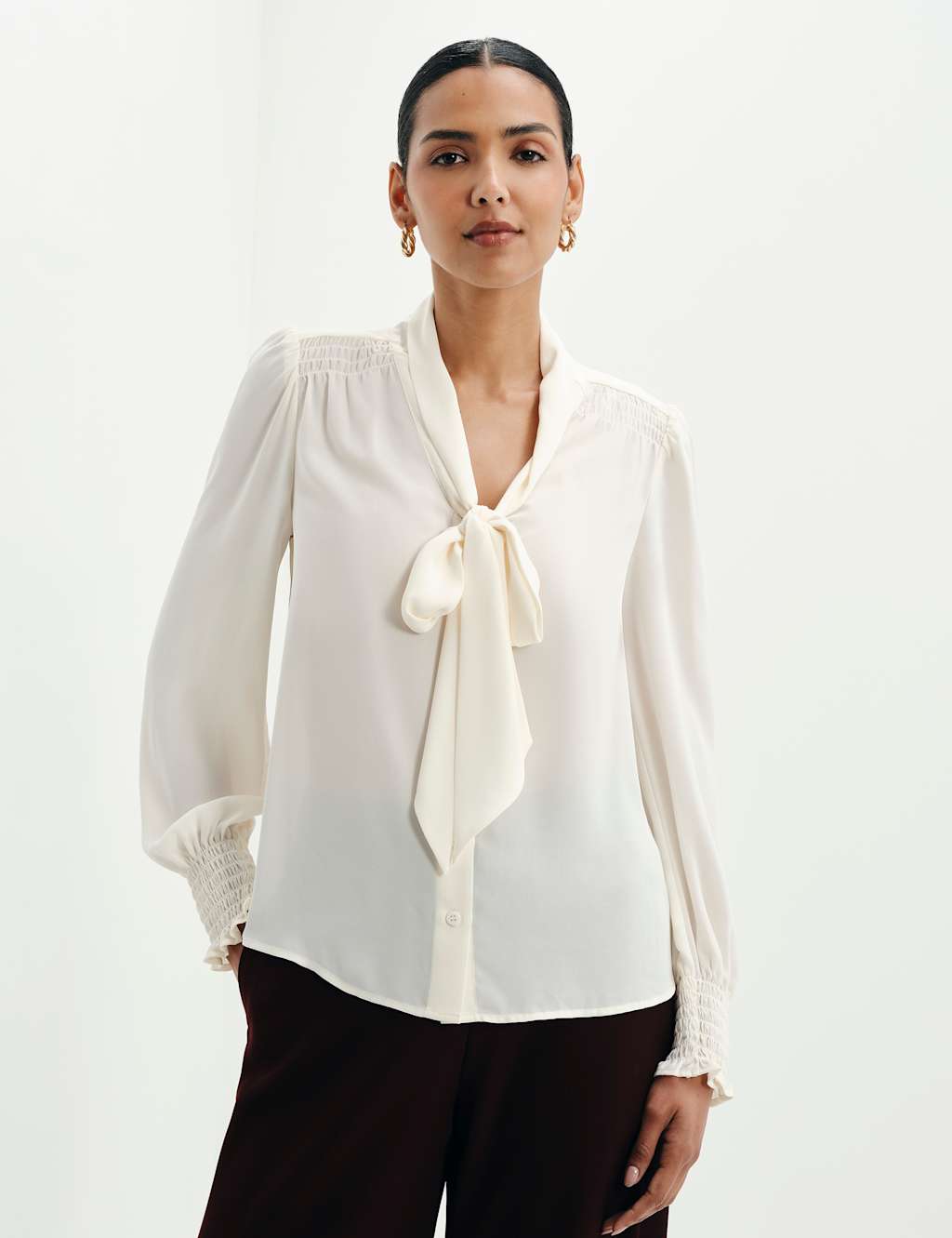 Finery London Women's Tie Neck Button Through Blouson Sleeve Blouse - 18 - Ivory - Available at M&S