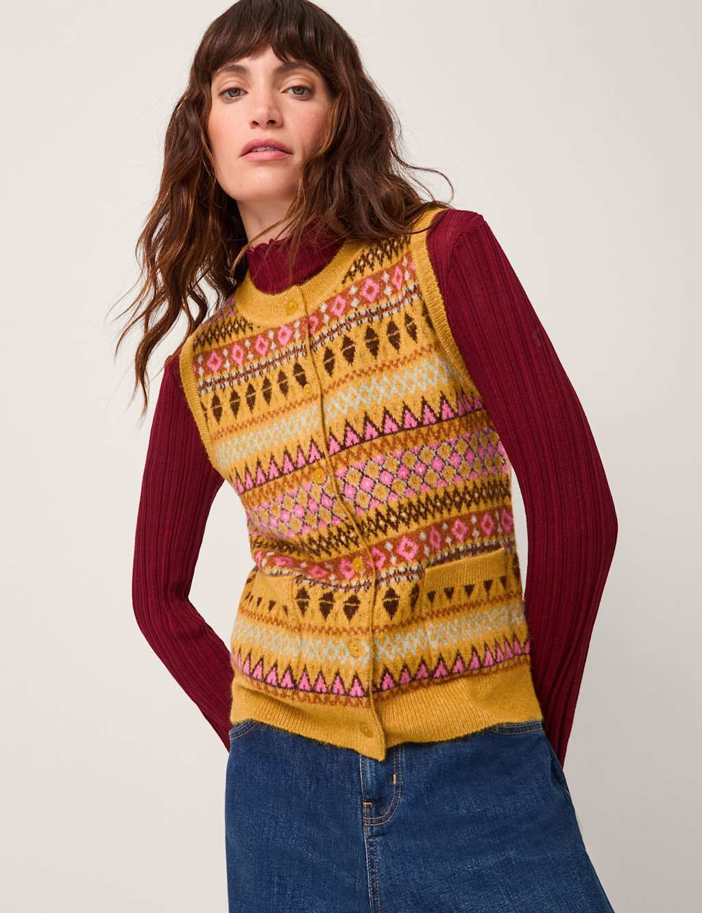 Monsoon Fair Isle Knitted Tank Waistcoat Yellow