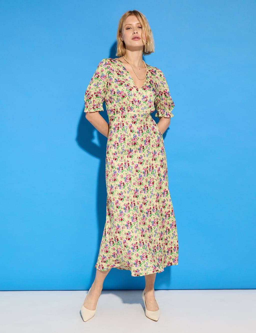 Satin Floral Midi Tea Dress
